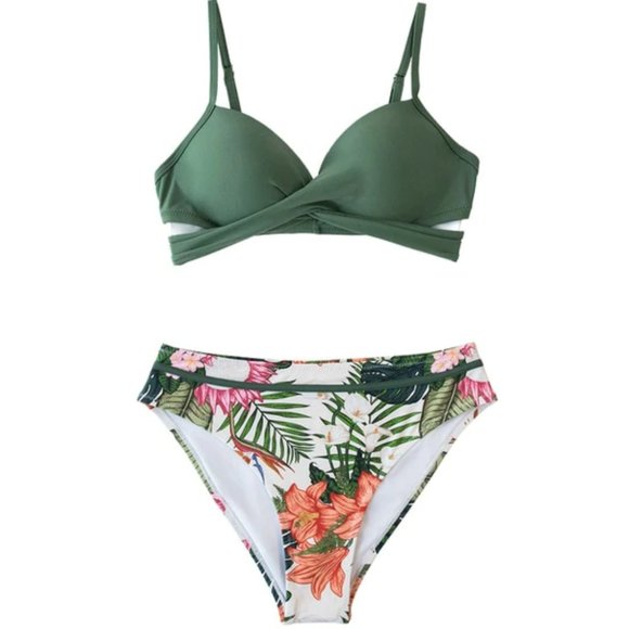 Cupshe Swim New Green Leafy Push Up Hipster Bikini Bathing Suit